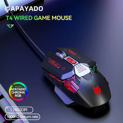 1K Hz Gaming Mouse Wired APAYADO T4 RGB Mouse with Ultra-light Cord 60IPS,12800DPI for Laptop/Computer