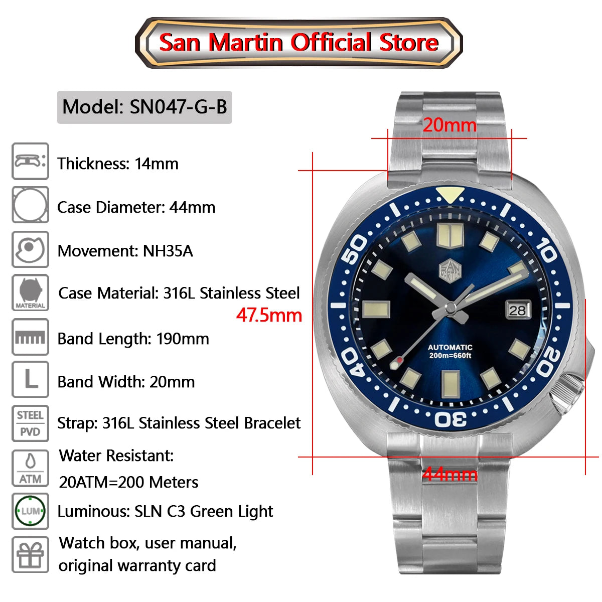 San Martin Turtle Men Diver Watch 44mm NH35 Automatic Mechanical Wristwatch Sapphire Waterproof 200m Luminous Relojes SN0047