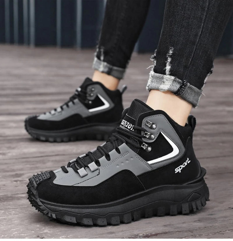 Black And Tan Mid Top Hiking Boots Suede And Leather Platform Sneakers Non Slip Outdoor Casual Shoes With Rugged Sole For All