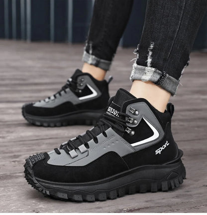 Black And Tan Mid Top Hiking Boots Suede And Leather Platform Sneakers Non Slip Outdoor Casual Shoes With Rugged Sole For All
