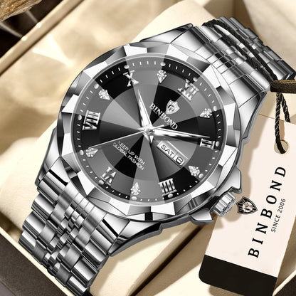Reloj de cuarzo para hombre BINBOND: reloj de pulsera de lujo, luminiscente y resistente al agua, con indicador del día de la semana y fecha automática.