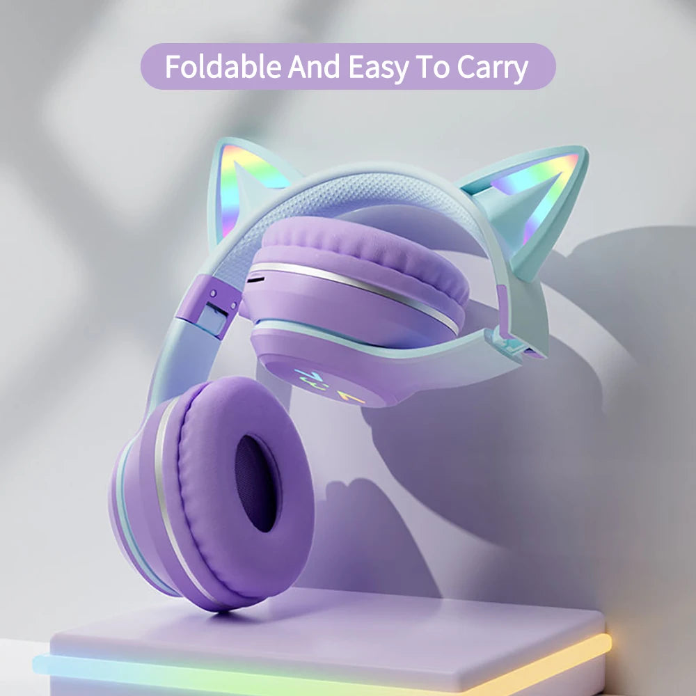 RGB Cat Ear Wireless Bluetooth Headphones for Kids & Girls – LED Light Stereo Gaming Headset with Microphone