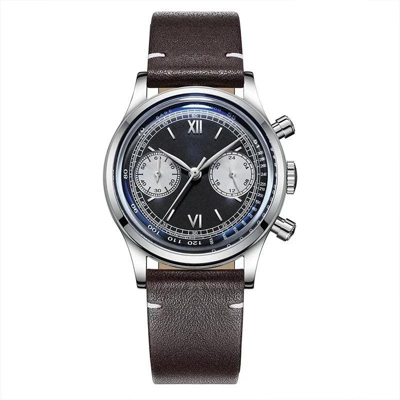 ADDIESDIVE AD2037 Men Quartz Watch Multifunctional 24 Hour Chronograph Black Dial Leather Watches  100m Dive Business Wristwatch