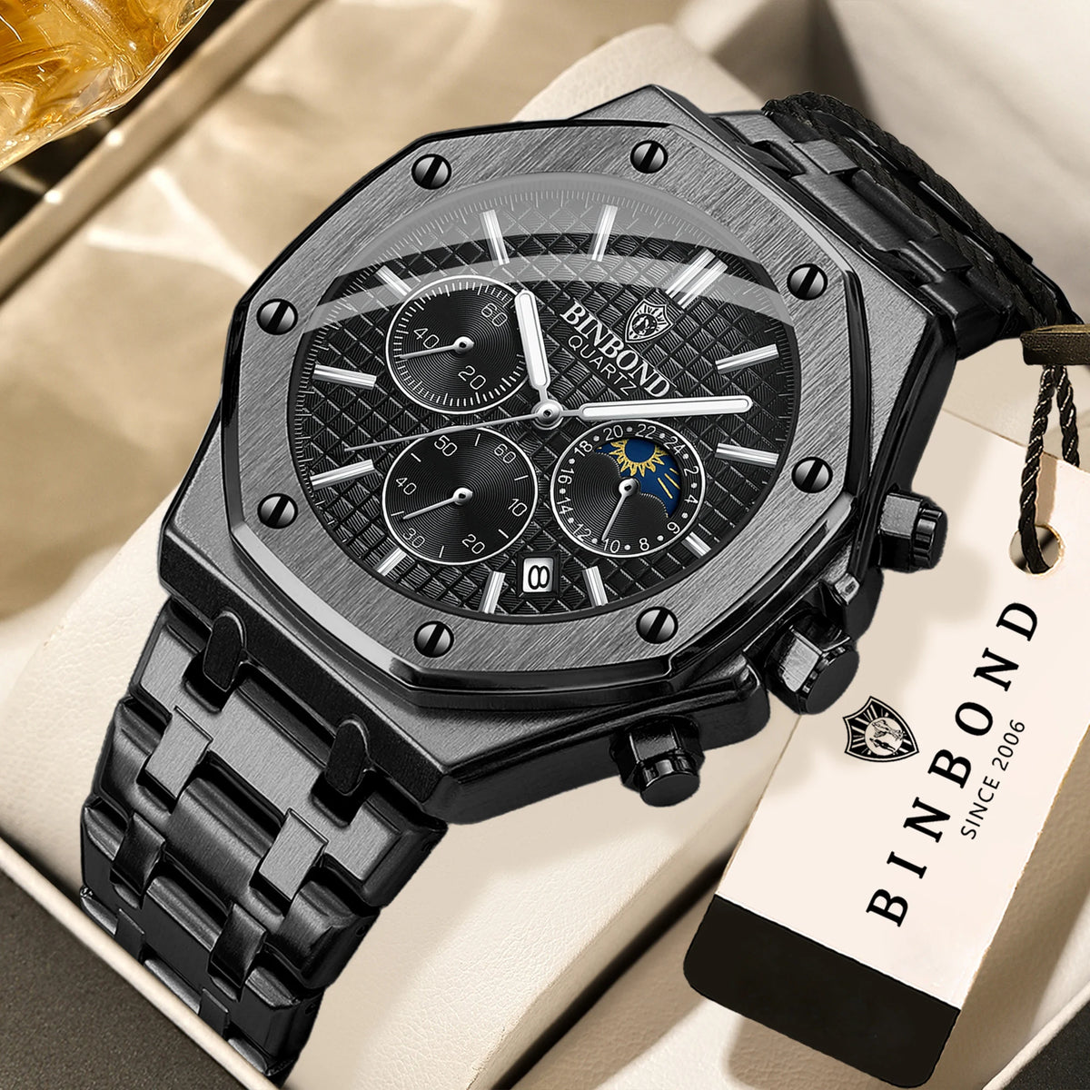 Montre-bracelet à quartz de luxe BINBOND, lumineuse, étanche, chronographe avec date automatique, montre pour homme, montre de sport et d'affaires.