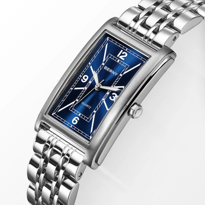 Reloj cuadrado para hombre BERNY – Movimiento de cuarzo, esfera con números romanos, indicación luminiscente, caja de acero inoxidable 316L – Reloj rectangular elegante y desenfadado