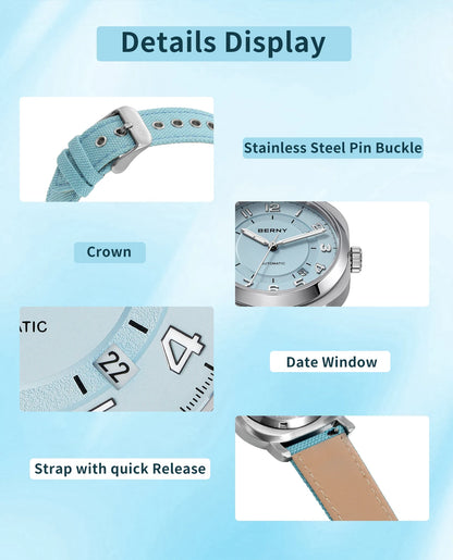 BERNY Mechanical Watch For Women Self-wind Pillow Cushion Sapphire Super Luminous Wristwatch Canvas Calendar Watch For Ladies
