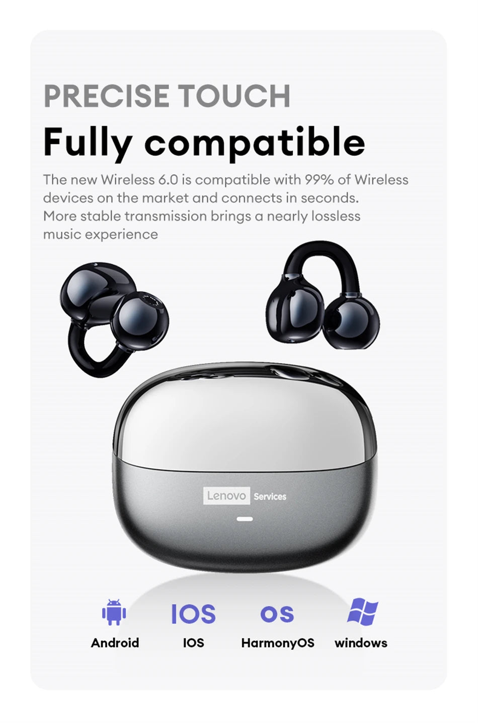 Auriculares Lenovo LE302 inalámbricos Bluetooth 6.0, batería de larga duración, clip deportivo para la oreja, estéreo HIFI con cancelación de ruido