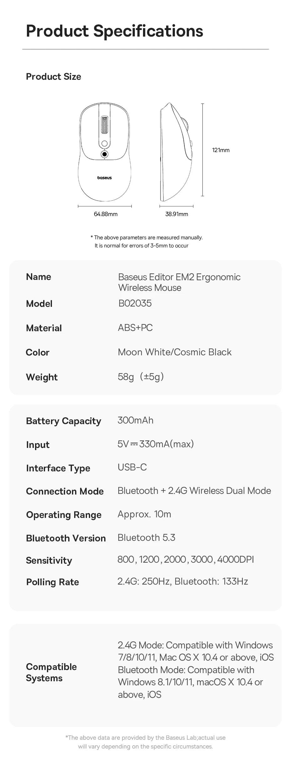 【NEW】Baseus EM2 Ergonomic Wireless Mouse Bluetooth 5.3 2.4G Type-C Charging Ultra Light Silent Mice Customizable Button Mouse