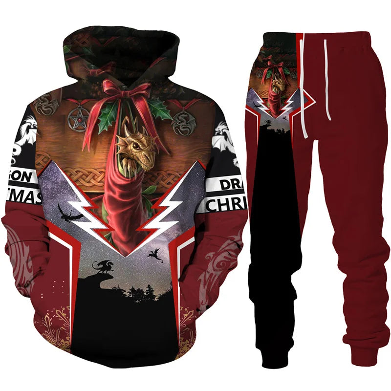 Dres z nadrukiem 3D Retro Dragon Tattoo dla mężczyzn i kobiet, casualowy zestaw z bluzą z kapturem + spodnie, 2 części, oversize, modna odzież męska