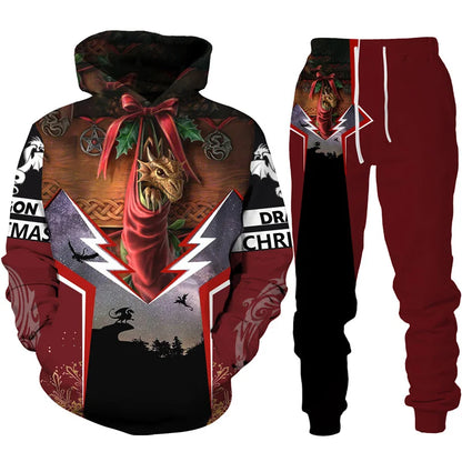 Dres z nadrukiem 3D Retro Dragon Tattoo dla mężczyzn i kobiet, casualowy zestaw z bluzą z kapturem + spodnie, 2 części, oversize, modna odzież męska