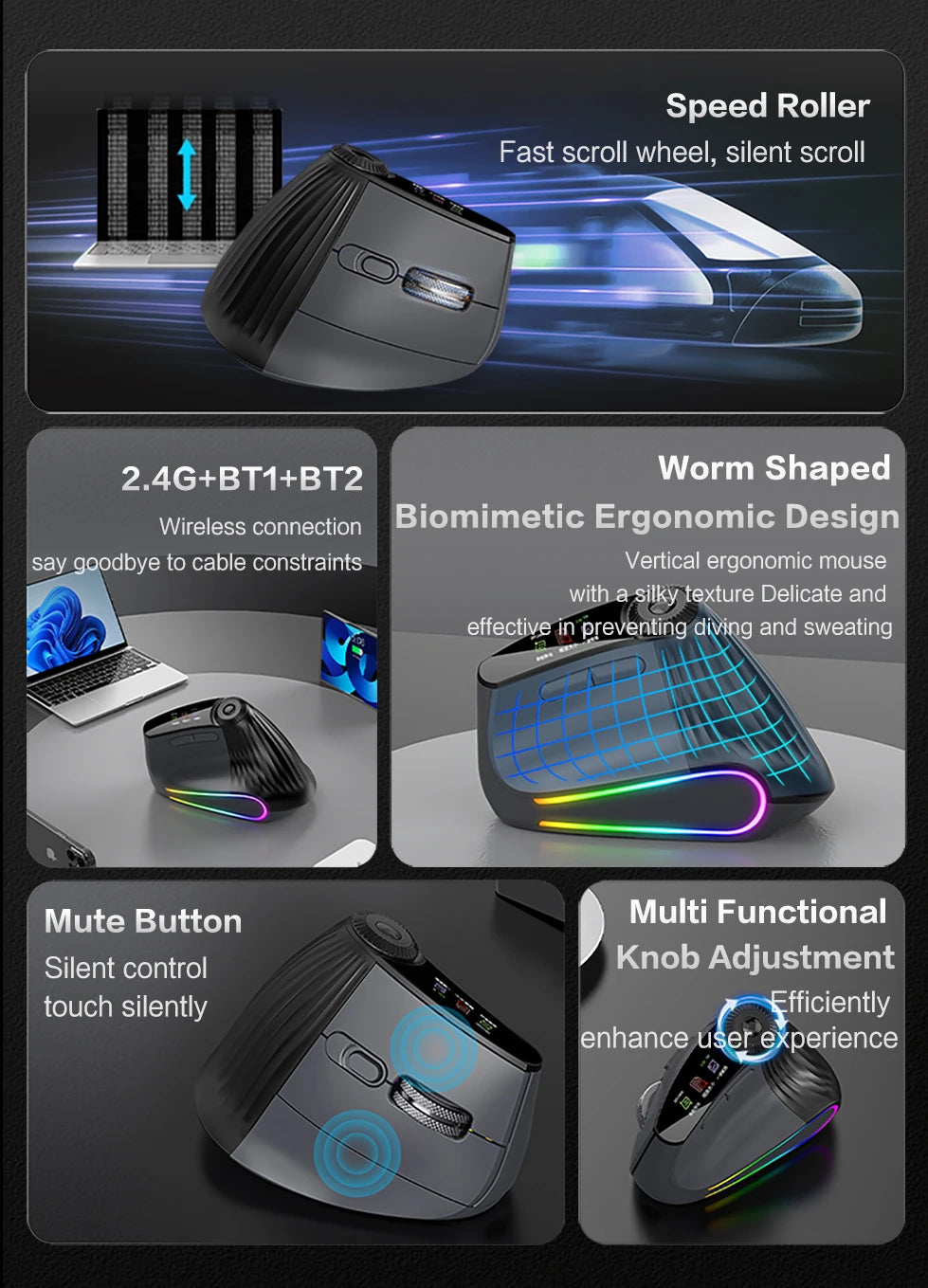 Jomaa RGB Backlit Speed Roller Wireless Vertical Mouse with Function Adjustment Knob Bluetooth USB Ergonomic Mice Slient Click