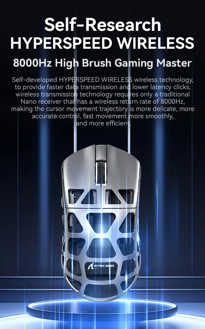 ATTACK SHARK R3 Gaming Mouse Magnesium Alloy Honeycomb, Ultra-Lightweight 8K Hz, PAW3395 Sensor, 26000 DPI, Ergonomic Shell