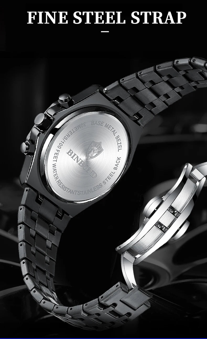 BINBONG B0161 Top Brand Man Business Quartz Watch Chronograph Wristwatch Stainless Steel Strap 30M Waterproof Luxury Men Watch