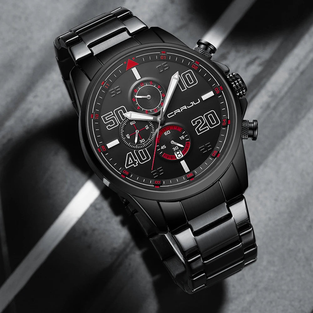 Montre pour homme CRRJU – Chronographe de luxe, grand cadran, acier inoxydable, étanche, avec affichage de la date