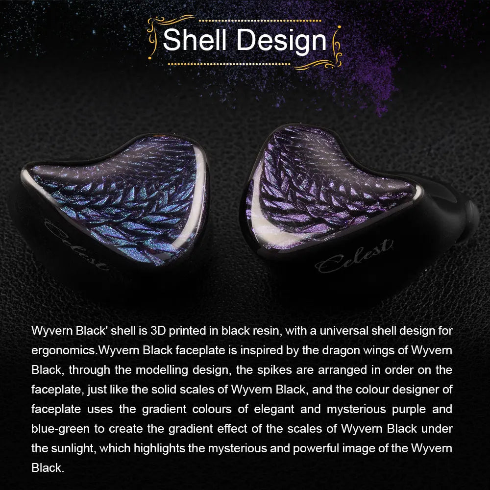 Celest Wyvern Black In-Ear Monitor Wired IEM Gaming Earbuds with Microphone HiFi Bass 10mm Driver Detachable Cable