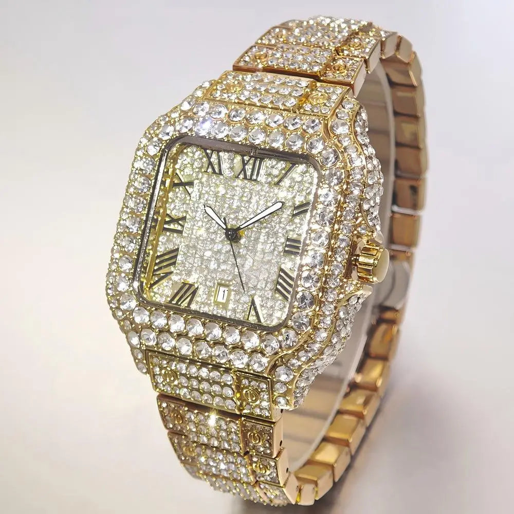 UNIGUET Cool Men's Watch Luxury Stainless Steel Quartz Watch Hip Hop Black Diamond Square Design Fashion Iced Wristwatch for Men