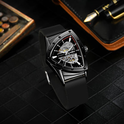 WINNER High Quality Watch for Men Triangle Steel Skeleton Mechanical Automatic Movement Clockwork Waterproof Rubber strap Wrist