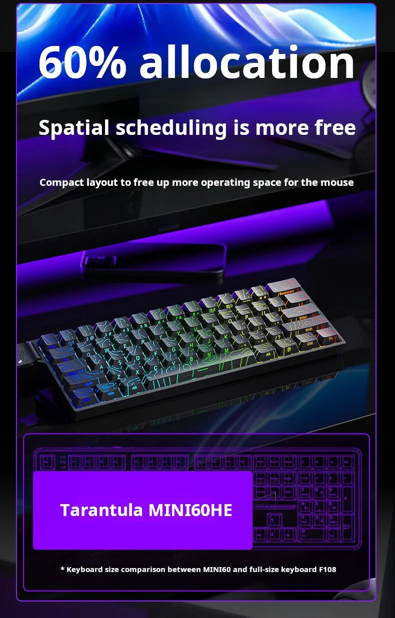 AULA MINI60 HE Tri-Mode Wireless Mechanical Keyboard Magnetic Switch 8000Hz Polling Rate RGB Backlit FPS Esports Gamer Keyboard
