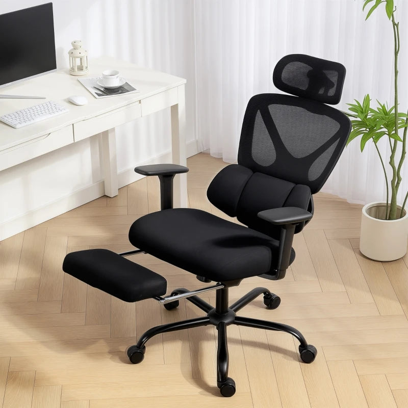 Ergonomic office chair with wheels, mesh fabric, lumbar support, adjustable armrests, and headrest.