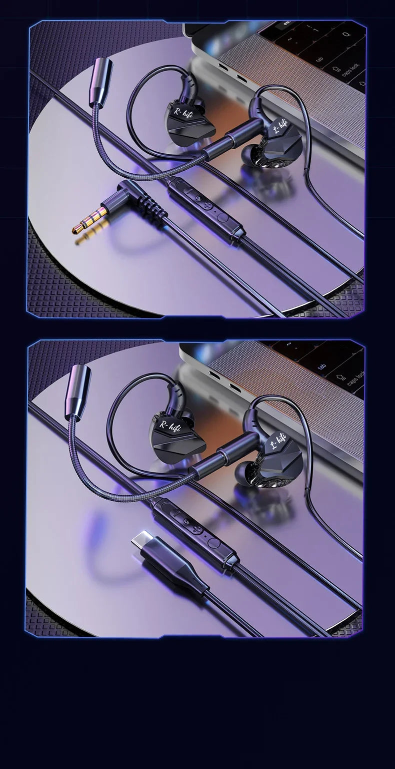 Gaming Earbud Gamer Headphone With Dual Microphones Typec&3.5mm In-ear Earphones HiFi Stereo Headsets Sport with Mic for Samsung