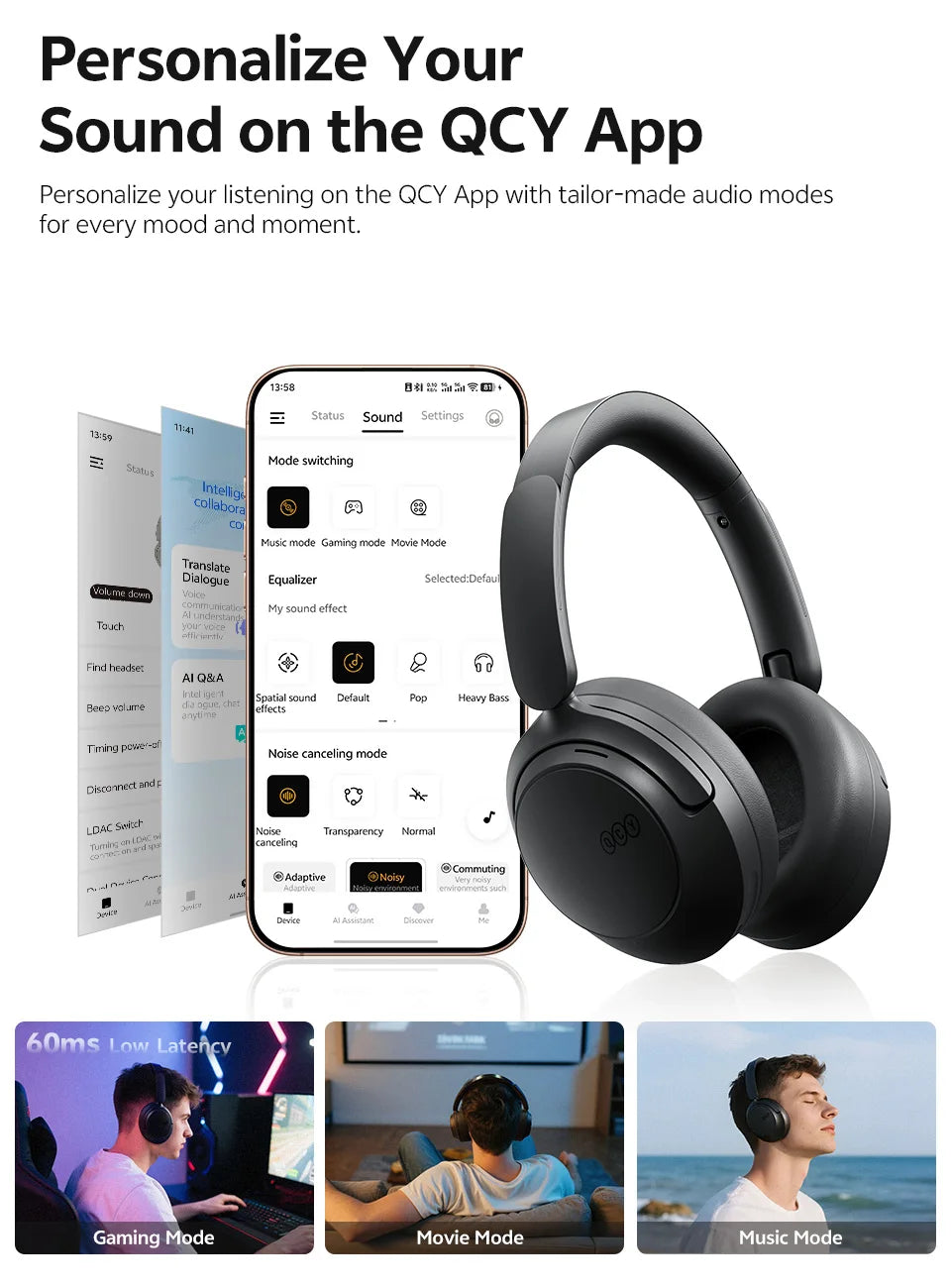 QCY H3S ANC Over Ear Headphones -56dB Noise Cancelling Headsets Bluetooth 6.0 Hi-Res LDAC Spatial Sound Earphones Dual Driver