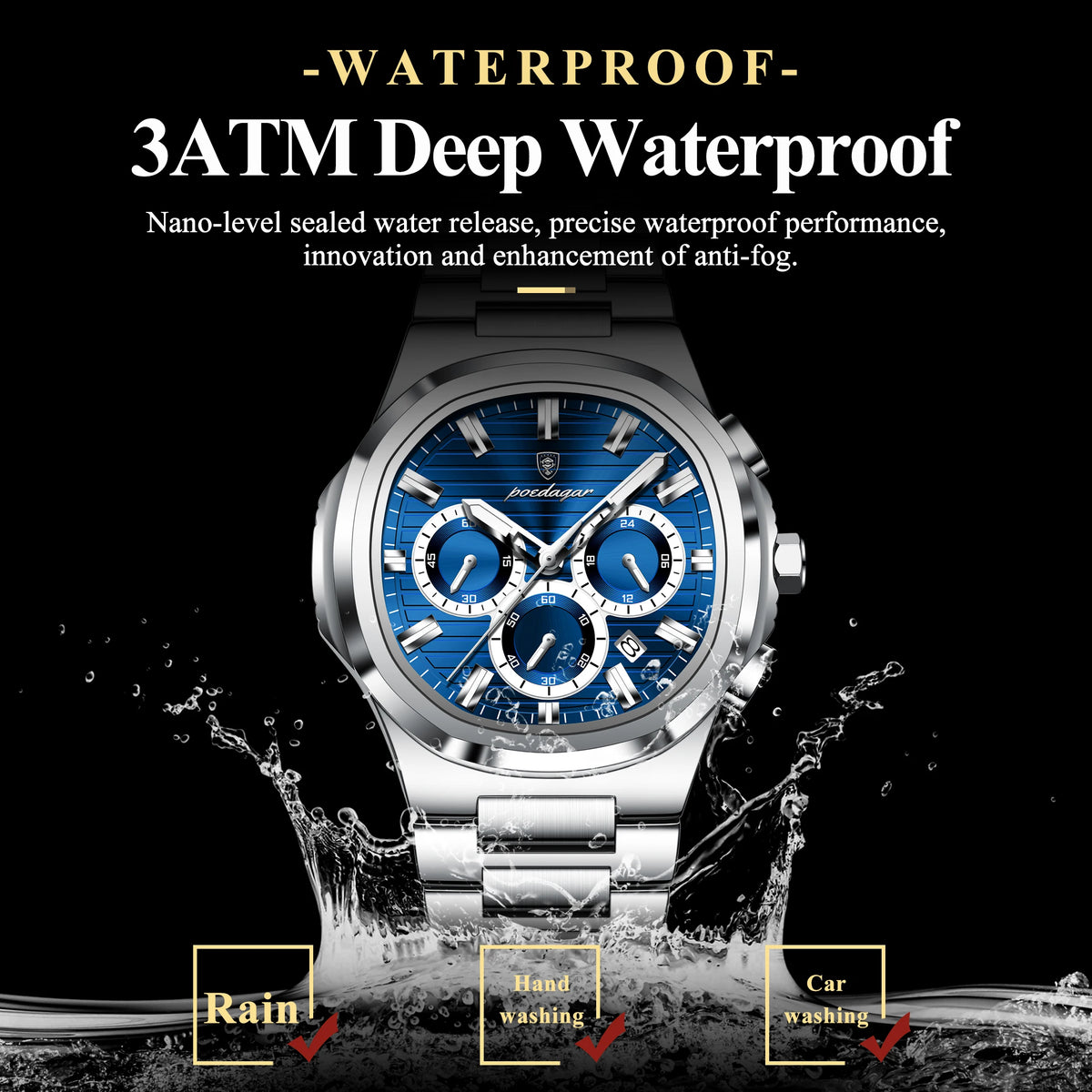 POEDAGAR Men’s Luxury Stainless Steel Quartz Watch  Waterproof Chronograph with Luminous Dial & Date