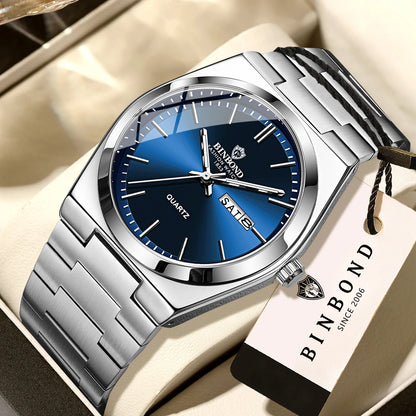 Reloj de pulsera de cuarzo de lujo BINBOND, luminiscente, resistente al agua, con indicación del día de la semana y fecha automática, correa de acero, estilo ejecutivo, deportivo, moderno y desenfadado.
