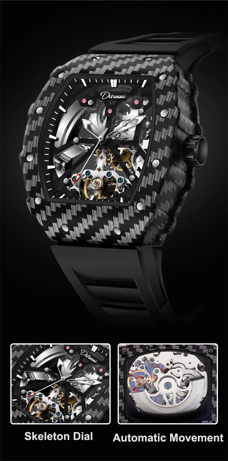 Tourbillion Mechanical Watch for Men Silicone Strap Skeleton Tonneau Automatic Mens Watches Top Brand Luxury Reloj Hombre