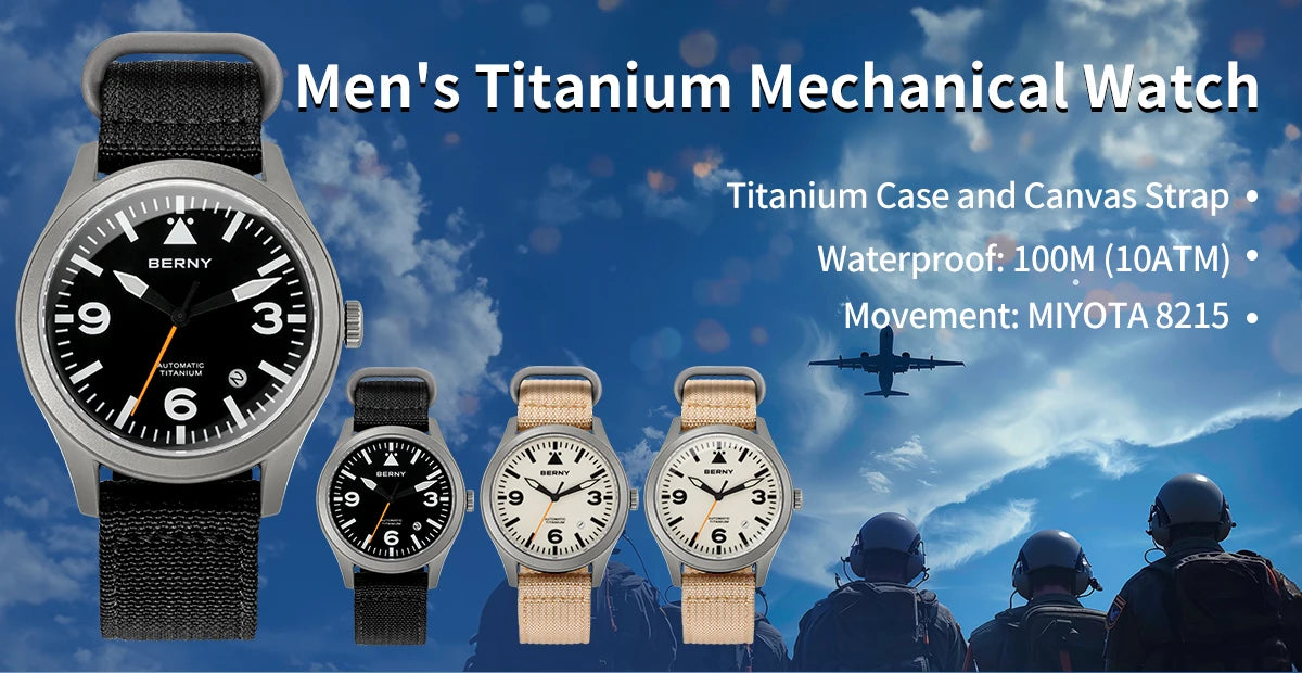 BERNY Aviation Top Titanium Mechanical Men Watch Sapphire AR Coating Supper Luminous 10Bar Sport Watch Titanium Aviation Watches