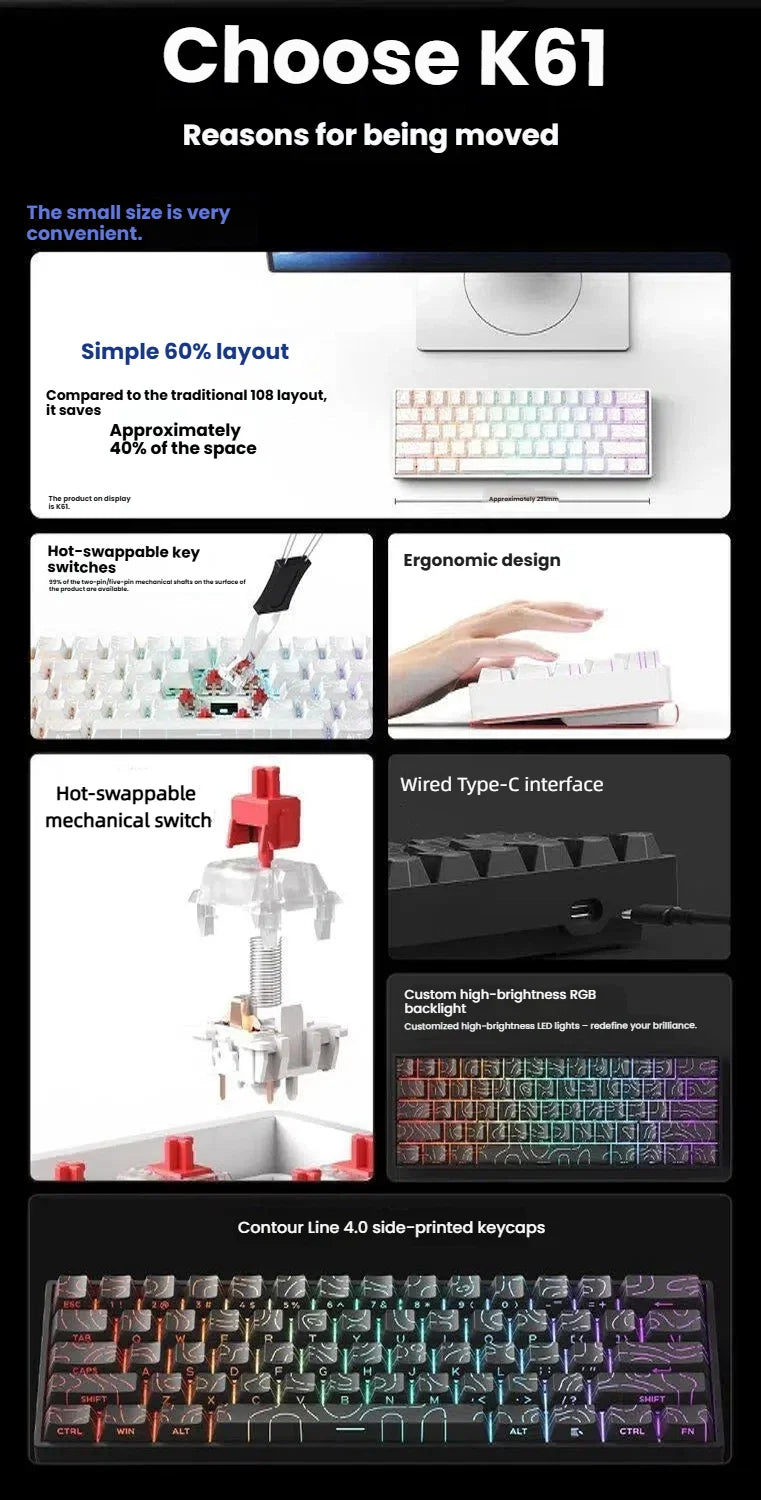 K61 kabelgebundene tragbare mechanische Tastatur, Phantom RGB farbenfroh, Reaktionsgeschwindigkeit auf Gaming-Niveau, ergonomisches Design, für Gaming und Büro geeignet