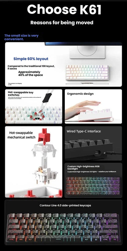 K61 kabelgebundene tragbare mechanische Tastatur, Phantom RGB farbenfroh, Reaktionsgeschwindigkeit auf Gaming-Niveau, ergonomisches Design, für Gaming und Büro geeignet
