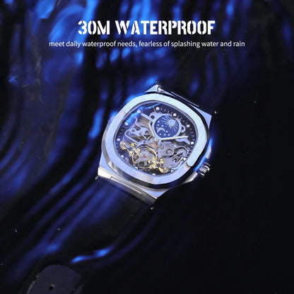 2025High-end Luxury SKROX Square Man Watch Sapphire Tourbillon Steel Skeleton Moon Phase Automatic Movement Leather Male Watches