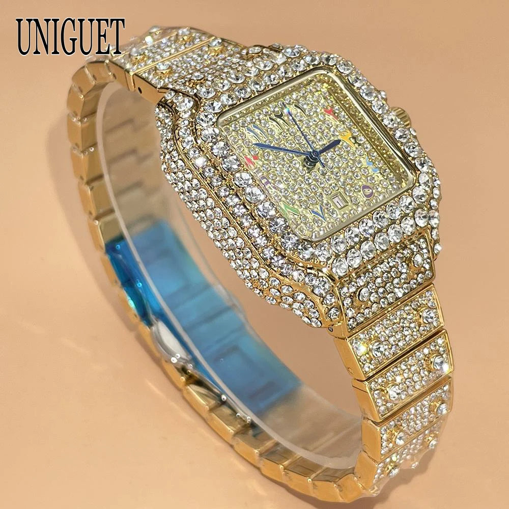 UNIGUET New Women Full Diamond Iced out Watch Fashion Square Rainbow Dial Hip Hop Bling Luxury Quartz Ladies Wristwatch Hot Sale