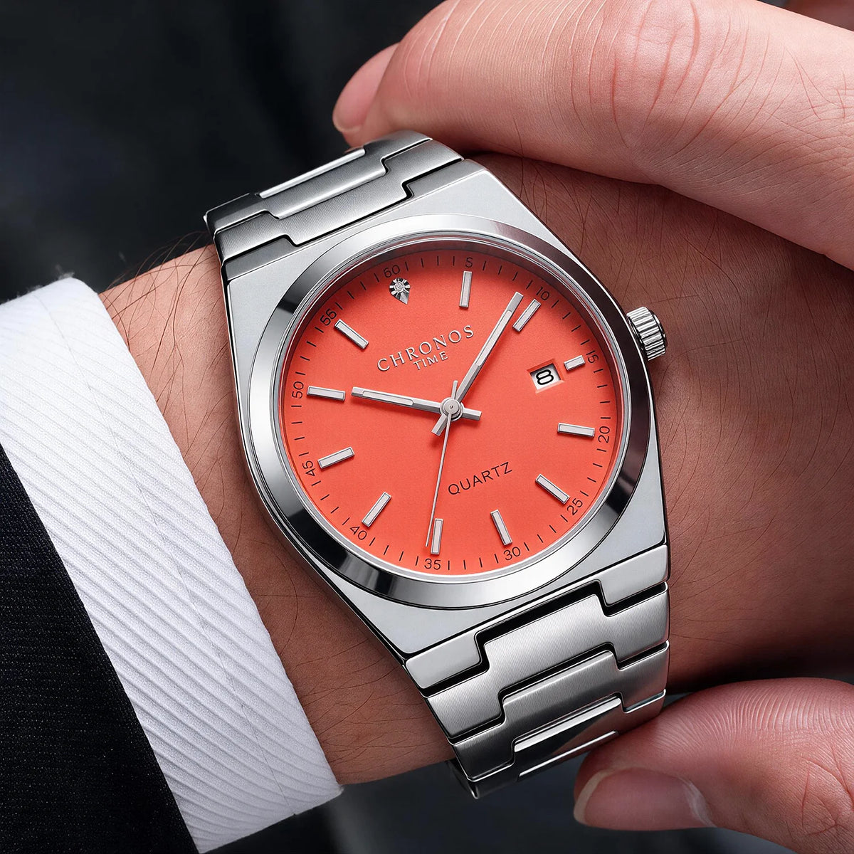 Montre à quartz pour homme CHRONOS – Bracelet en acier inoxydable, étanche, aiguilles luminescentes, affichage de la date – Idéale pour le travail, le sport ou au quotidien