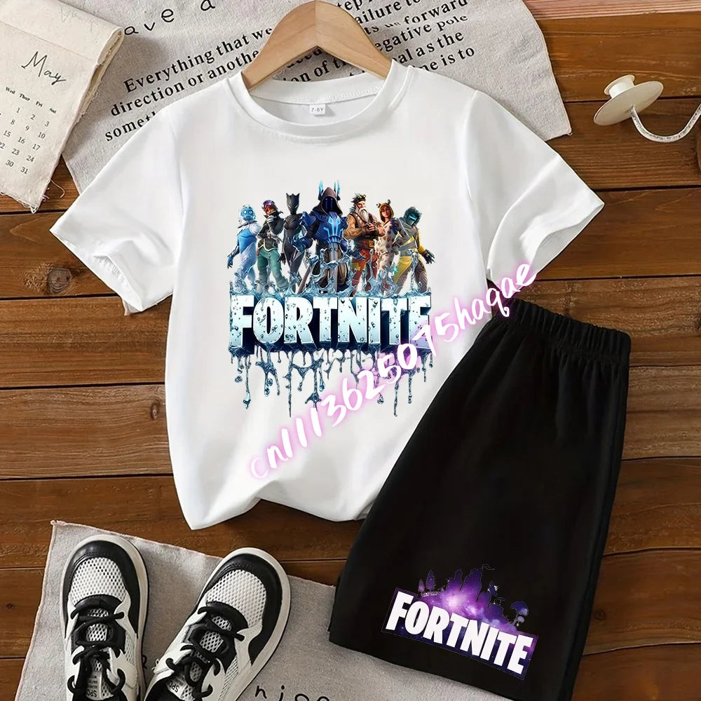 Sommerliches Fortnite-Kinder-Set: T-Shirt und Shorts, 2-teilig, Anime-Design, kurzärmelig, aus Baumwolle, lässige Sportbekleidung, Geschenkidee
