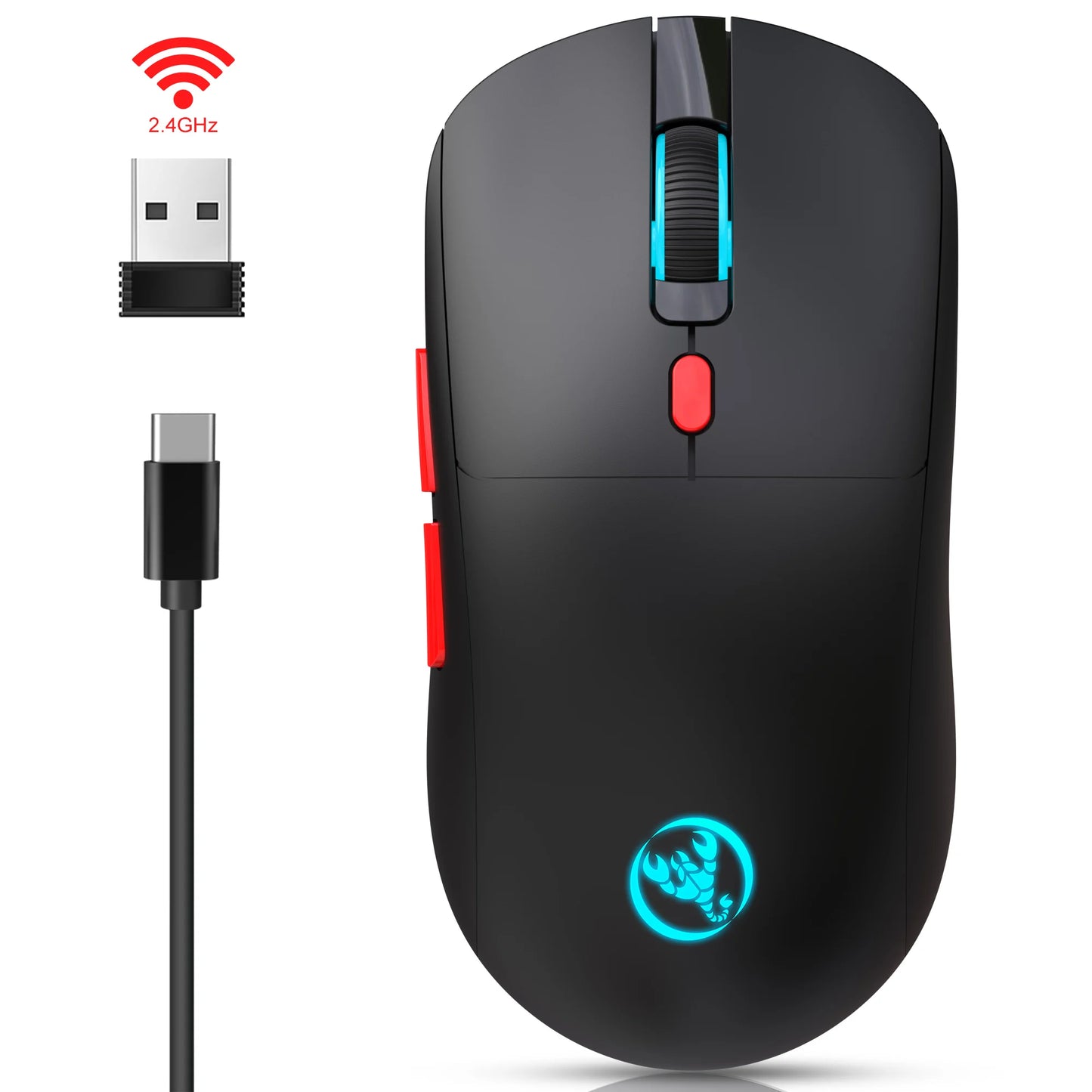 2.4G Wireless Rechargeable Mouse 650mAh Adjustable 3600DPI 7 Colors RGB Lighting Ergonomic Silent for Office Laptop PC Gaming