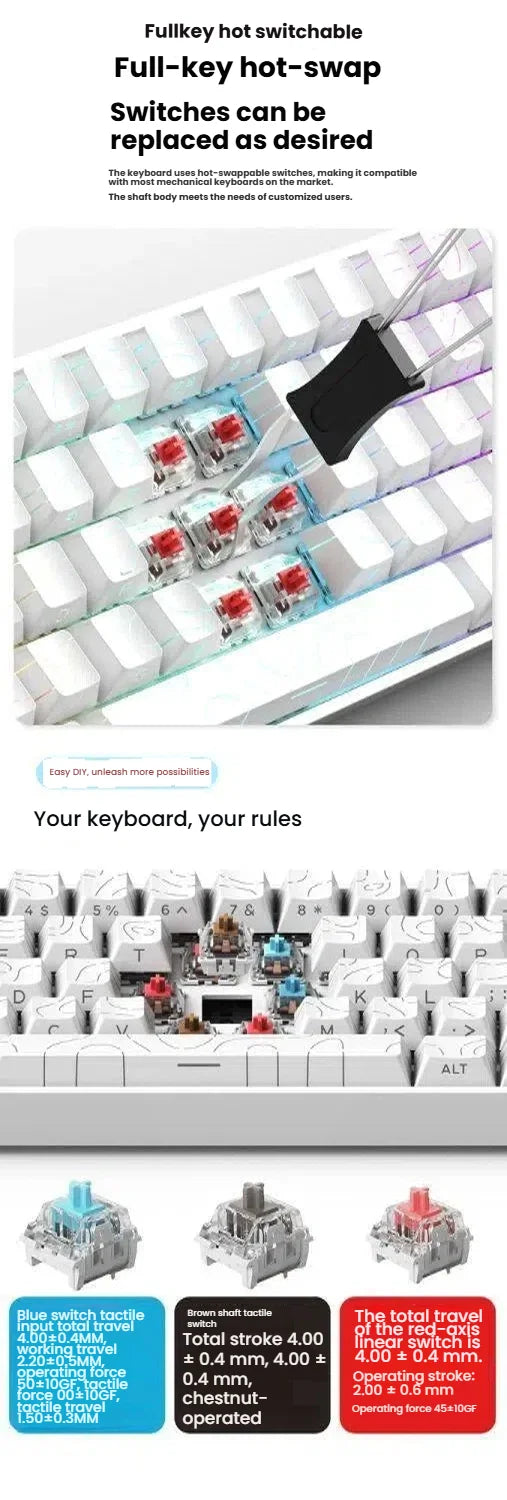 K61 kabelgebundene tragbare mechanische Tastatur, Phantom RGB farbenfroh, Reaktionsgeschwindigkeit auf Gaming-Niveau, ergonomisches Design, für Gaming und Büro geeignet