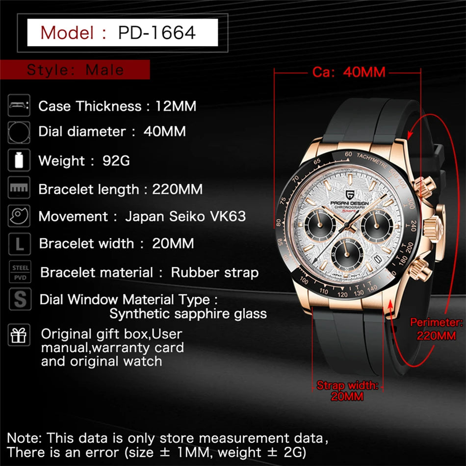 PAGANI DESIGN V2 40MM Reloj de cuarzo para hombre con esfera de meteorito, cristal de zafiro, cronógrafo retro y resistente al agua