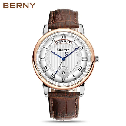 Montre à quartz pour homme BERNY, équipée d'un mouvement Miyota VJ55, modèle de luxe de haute qualité avec affichage du jour, boîtier en acier inoxydable, verre saphir et étanchéité.