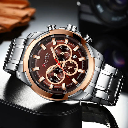 Pánské chronografové hodinky CURREN, velký ciferník o průměru 48 mm, náramek z nerezové oceli, tři pomocné ciferníky, sportovní náramkové hodinky s quartzovým strojkem, luxusní styl