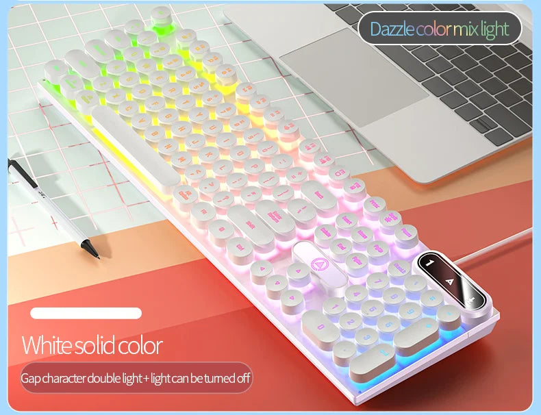Typewriter Round 104 Keys Gaming Keyboard Wired Keyboard Color Matching Backlit Computer E-sports Peripherals for Desktop Laptop