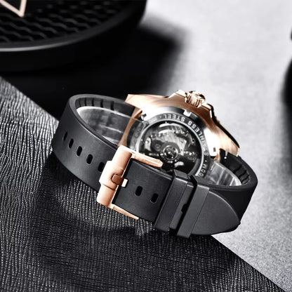 PAGANI DESIGN Automatic Watch Rose Gold Diver Watch 100M Waterproof Luxury Sport Wristwatch Black Rubber Strap Relogio Masculino