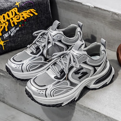 Unisex Trendy Chunky Dad Sneakers Silver Black Retro Couple Breathable Mesh Casual Platform Shoes
