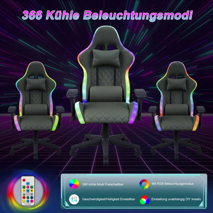 Anajqaqia Gaming Chair RGB LED Light Lumbar Massage Adjustable 90-135° Backrest Ergonomic Office Chair
