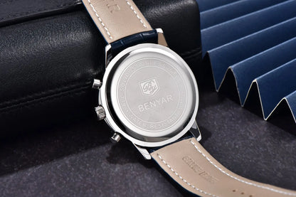 Reloj de lujo para hombre Benyar: cronógrafo con fecha, correa de piel, resistente al agua, luminiscente, estilo deportivo y militar, reloj de cuarzo
