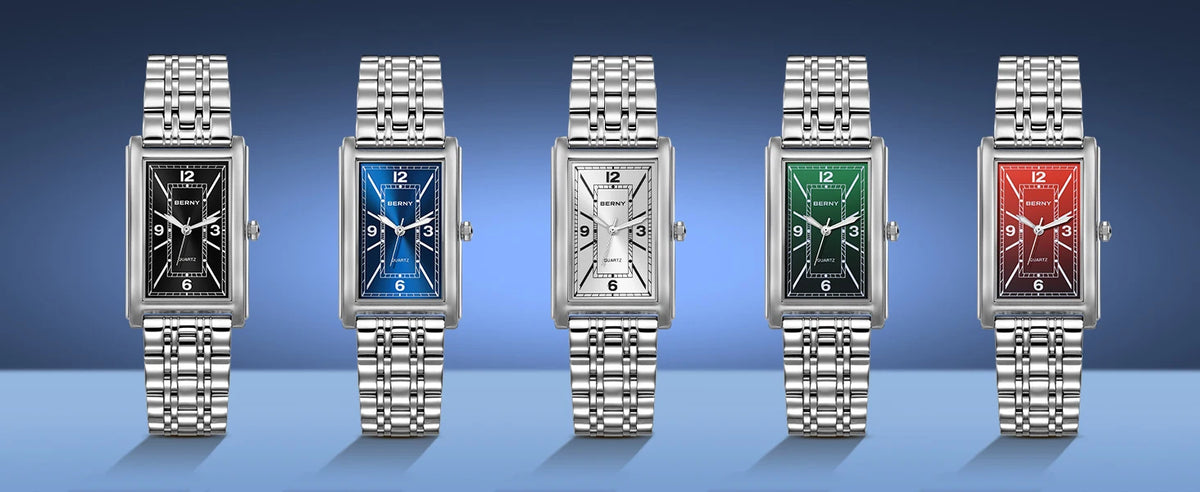 Reloj cuadrado para hombre BERNY – Movimiento de cuarzo, esfera con números romanos, indicación luminiscente, caja de acero inoxidable 316L – Reloj rectangular elegante y desenfadado