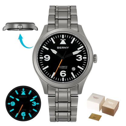 BERNY Aviation Top Titanium Mechanical Men Watch Sapphire AR Coating Supper Luminous 10Bar Sport Watch Titanium Aviation Watches