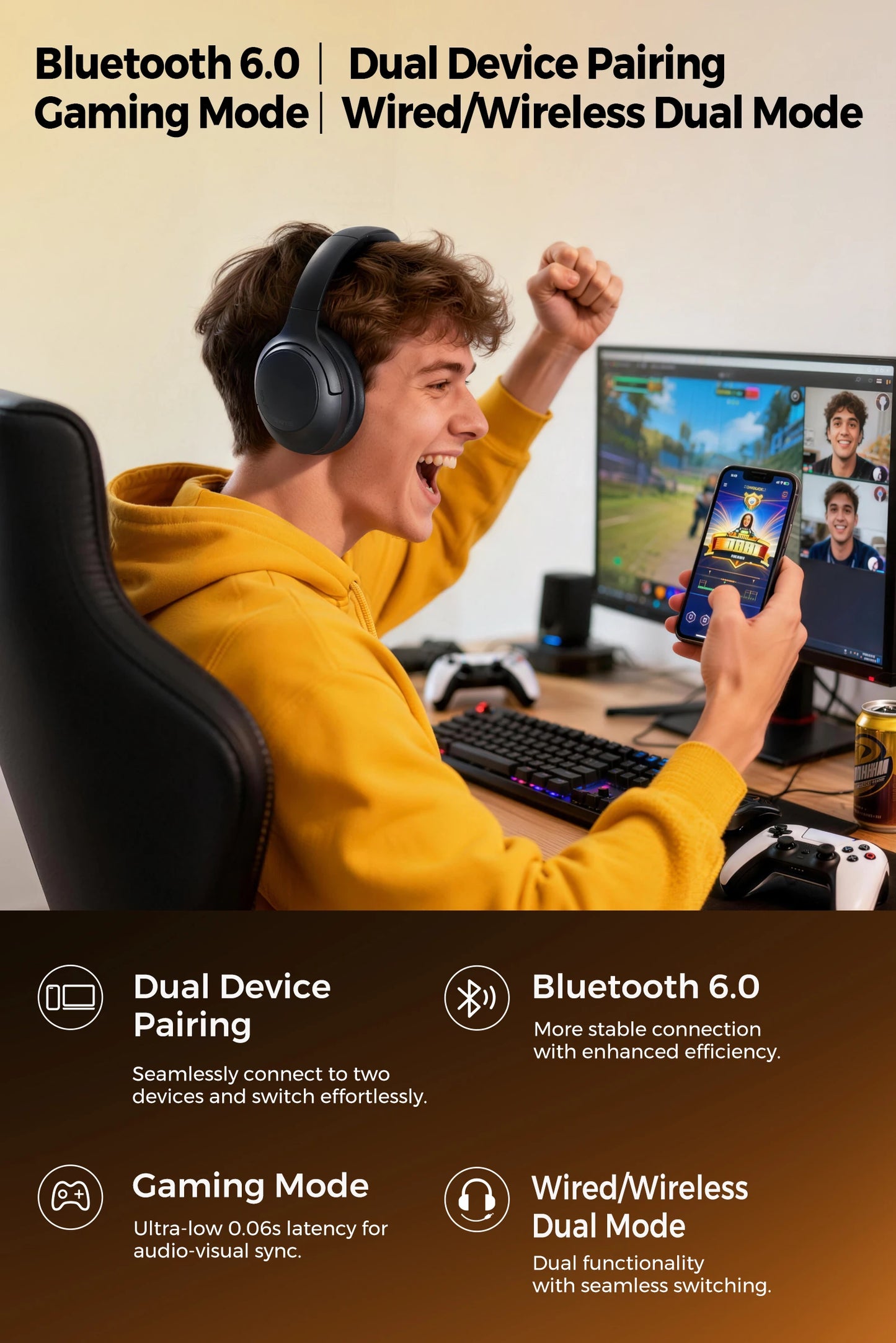 SoundPEATS Cove pro Headphones Bluetooth 6.0 -56dB ANC, Noise-Cancelling Headset, Hi-Res LDAC Lossless Audio, 95H Battery,7-Mic