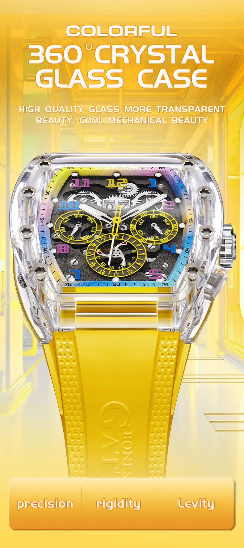 BONEST GATTI Automatic Watch Tonneau Mechanical Wristwatch K9 Crystal Case Rubber Strap Multi Dial Watches For Men