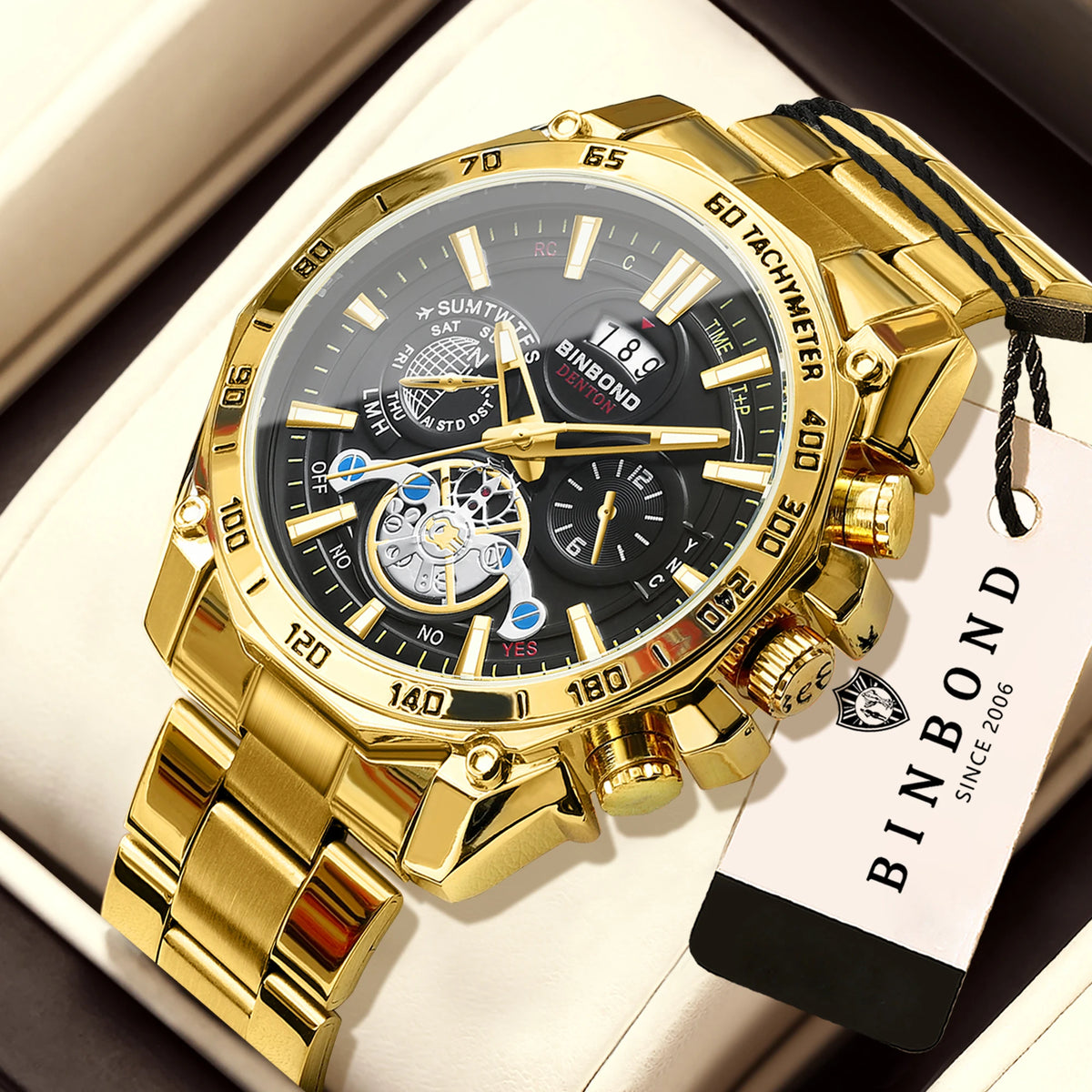 Montres à quartz de luxe BINBOND pour hommes, lumineuses, étanches, avec date automatique, précises et durables, style sport et affaires.